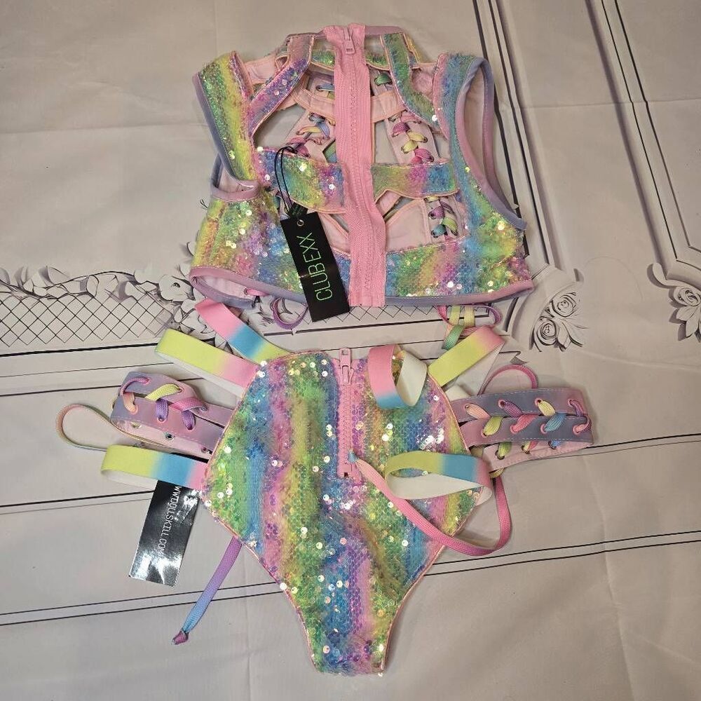 Dolls Kill Harness Rainbow Sequin Rave Festival Lace Up Top XXS - Picture 2 of 2
